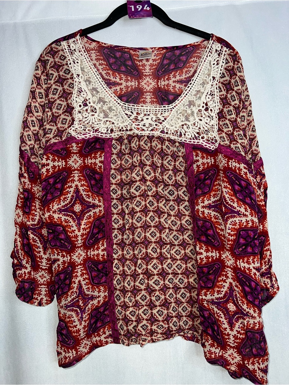 Bila Large Rayon Boho Lace-Trim Purple Red Printed Women's Top
